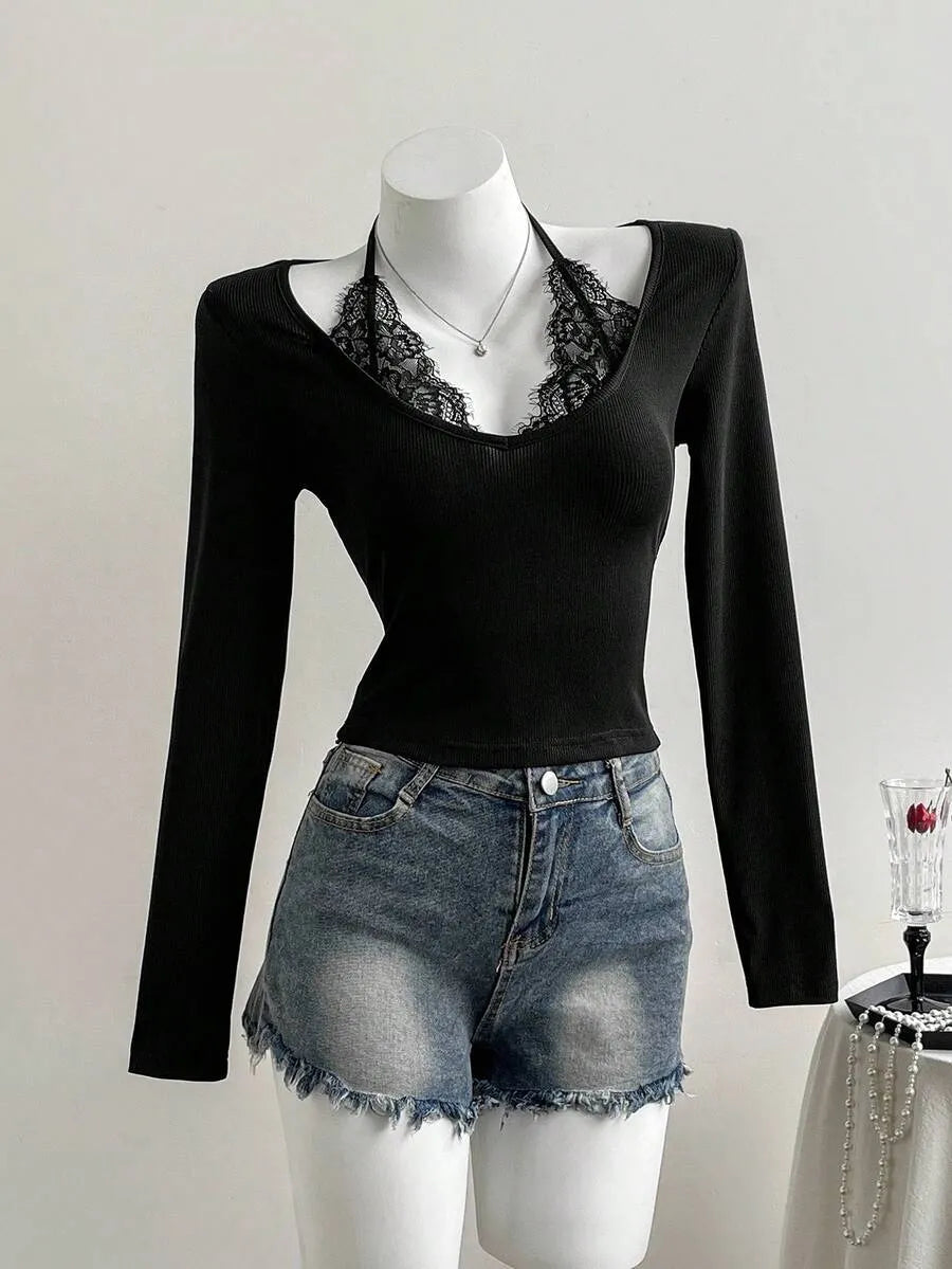 SHEIN Elamini بلوزة  نسائية دانتيل وتريكو بأكمام طويلة