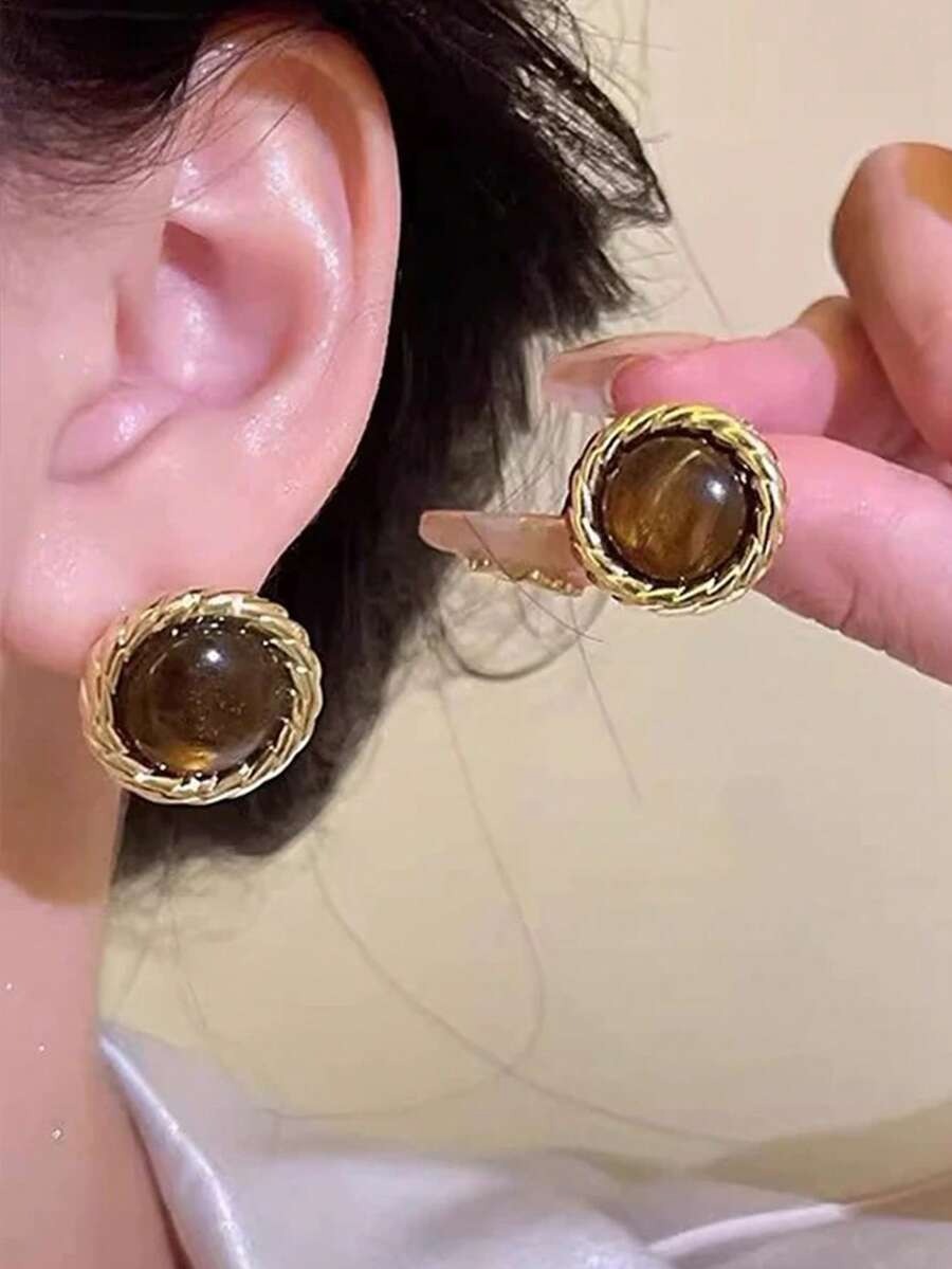 SHEIN طقم أقراط 3 أزواج راتنجية بنية بطراز عتيق