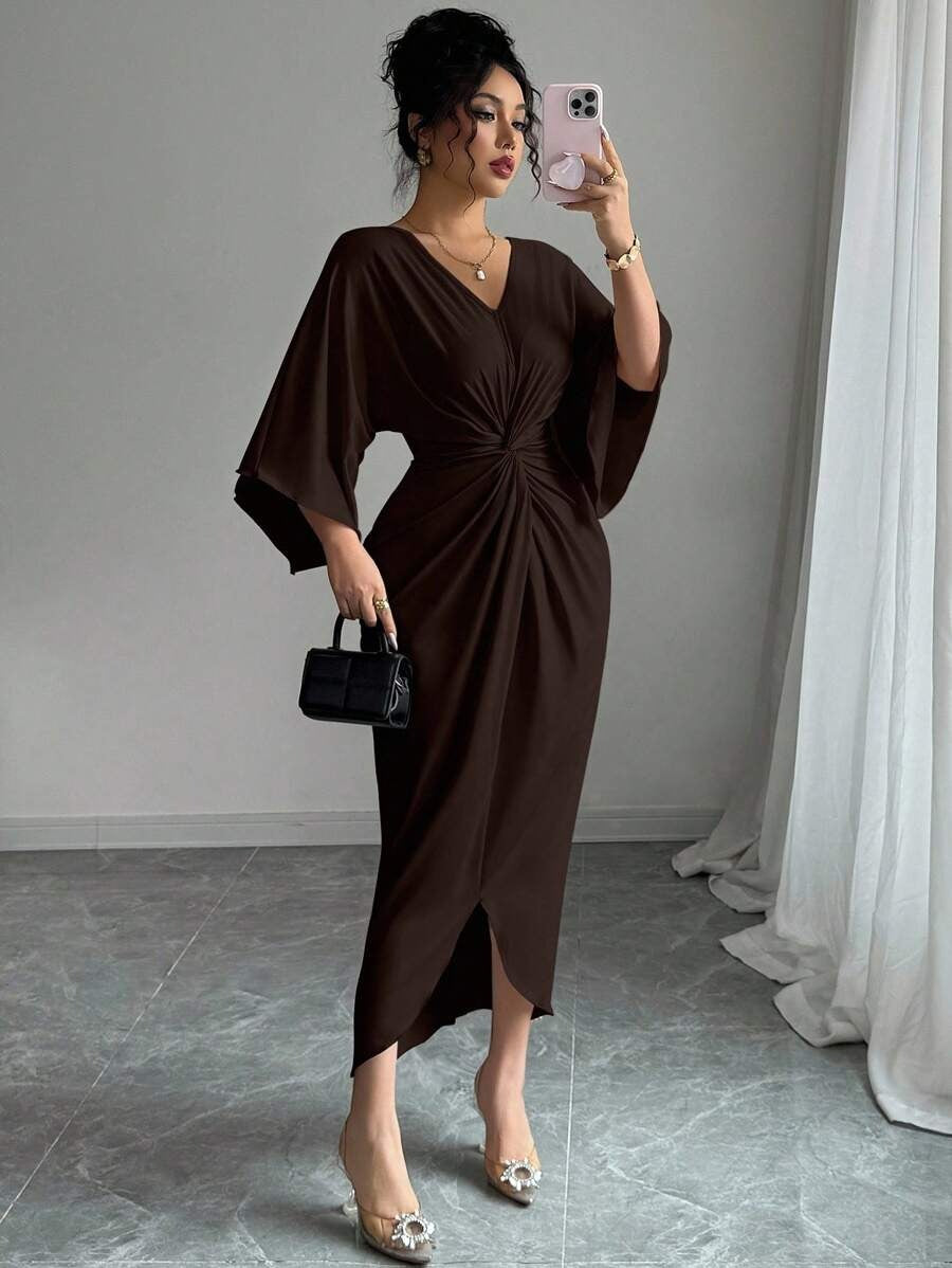 SHEIN Elenzga  فستان أنيق بني داكن
