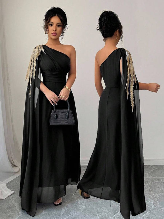 SHEIN Rafferiza فستان أسود حرير بشبك وتطريز ذهبي