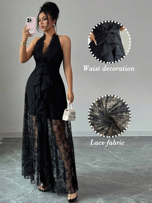 SHEIN فستان طويل أسود أنيق دانتيل