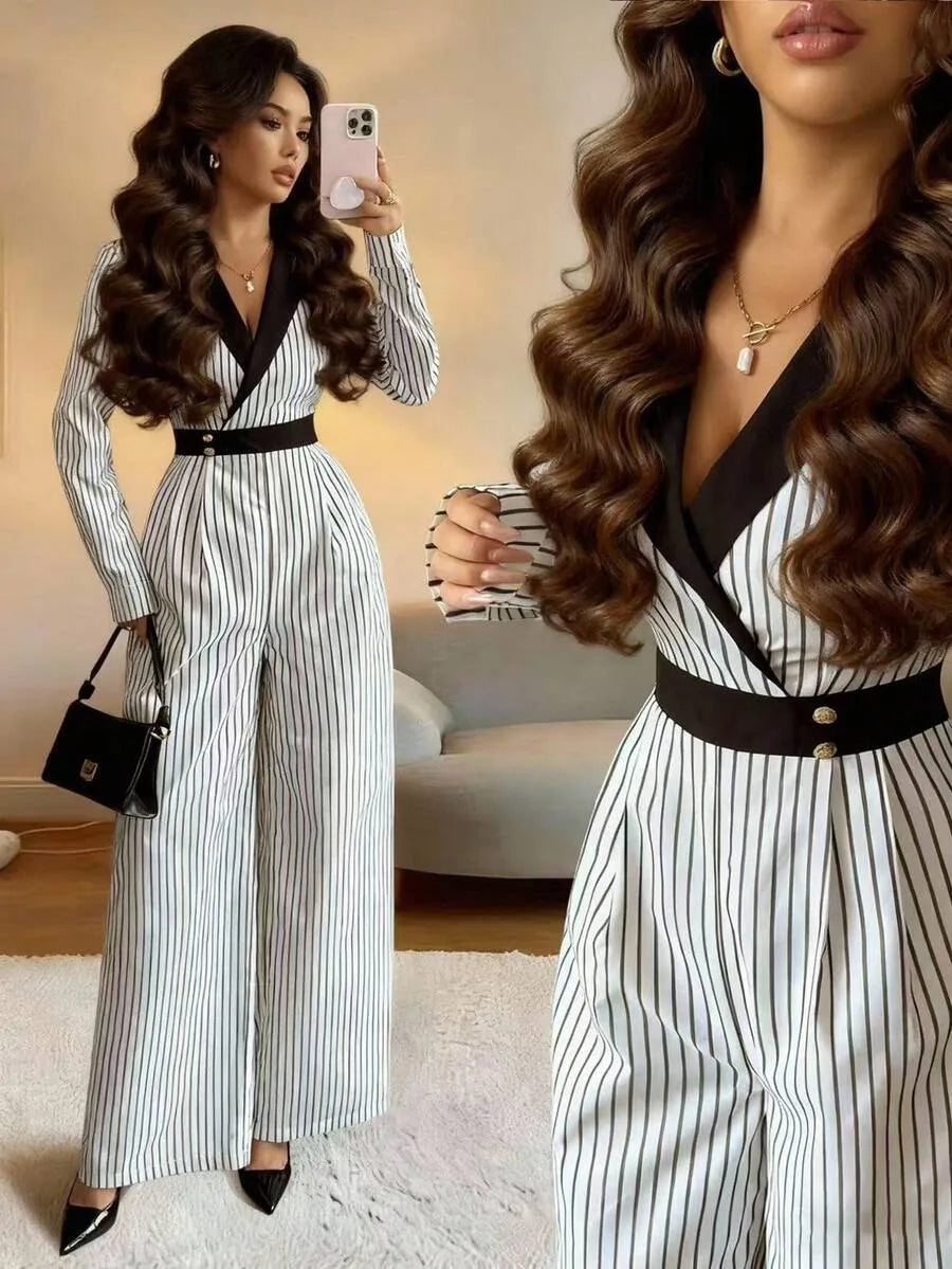 SHEIN Rafferiza جمبسوت نسائي بياقة منقلبة وخصر برباط بلون أبيض وأسود