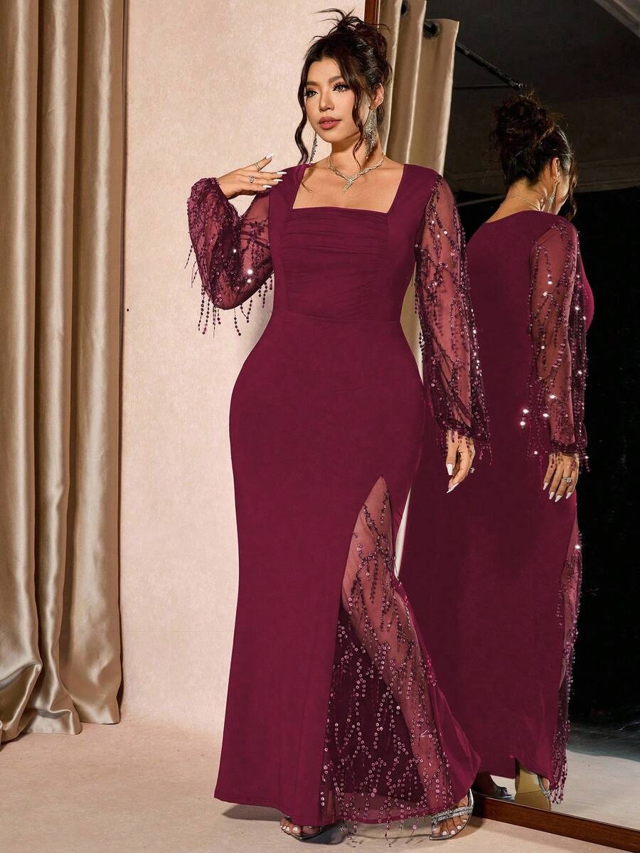 SHEIN Cravure فستان سهرة طويل بلون عنابي