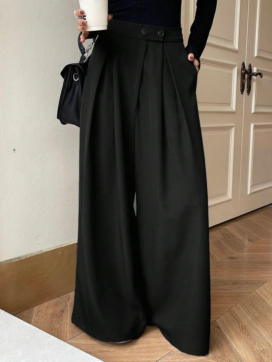 SHEIN DAZY بنطلون بلون الأسود طويل واسع الساق بخصر عالي