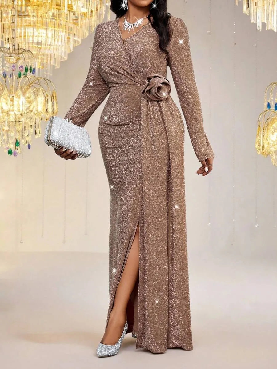 SHEIN Fleurora فستان ماكسي ملفوف بياقة وفتحة عالية للفخذ بلون شامباني