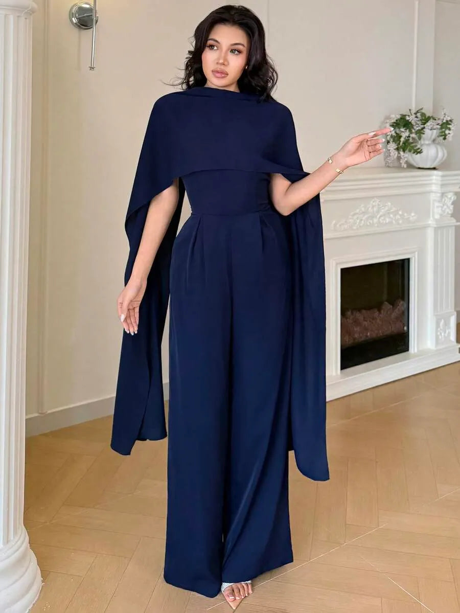 SHEIN Modelyn جمبسوت كحلي أنيق بتصميم بونشو وكاب ملكي من