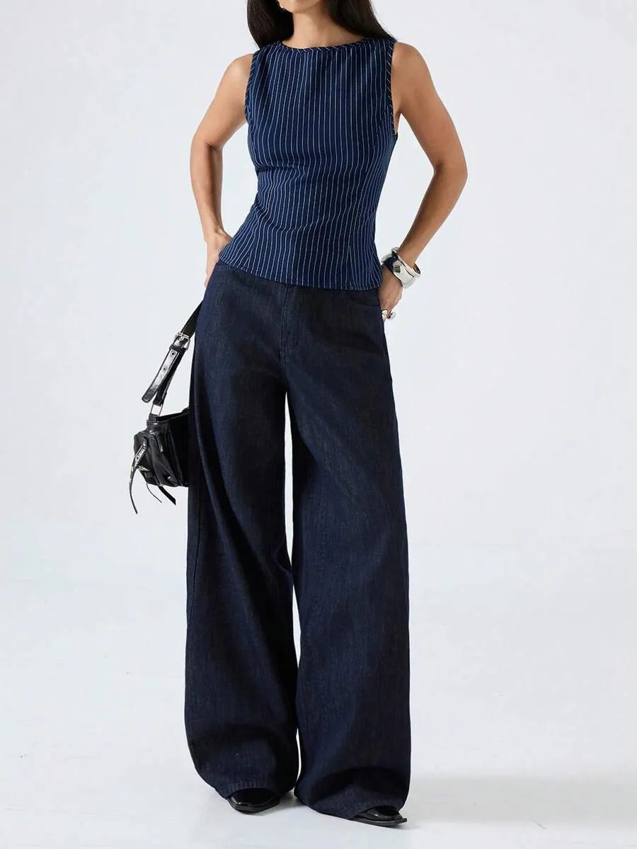 SHEIN LYSMO بلوزة نسائية بياقة دائرية وأزرار وجيب بلون أزرق