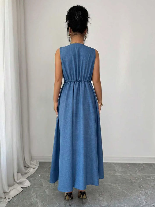 SHEIN Pariaura فستان كتان أزرق بدون أكمام ومشبك معدني