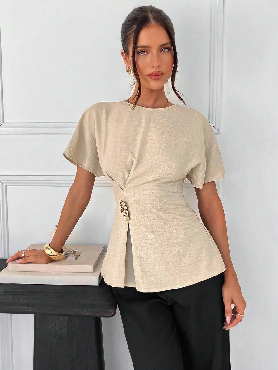 SHEIN Siren Gaze بلوزة نسائية أنيقة بخصر بيبلم وإبزيم معدني