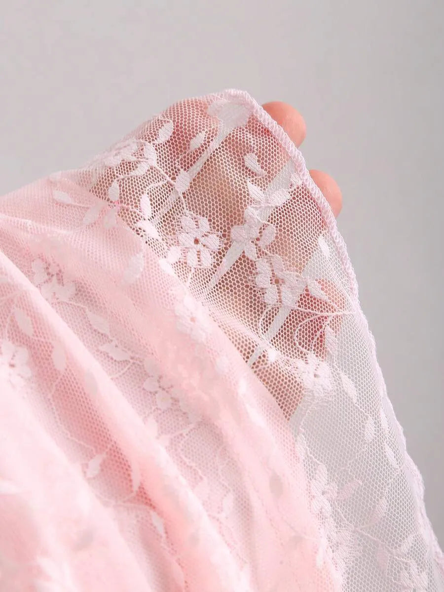 SHEIN Sweetra تنورة دانتيل بوهيمية باللون الوردي بكشكشة وقصة غير متناظرة