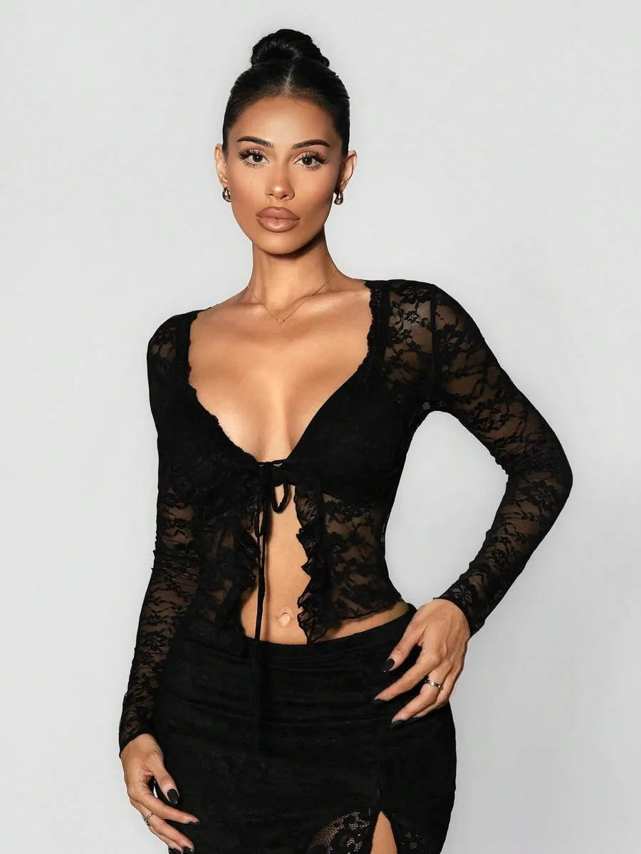 SHEIN Sirith كارديجان نسائي مزخرف بالدانتيل وربطة عنق