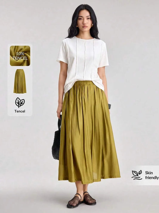 SHEIN Ontre تنورة نسائية طويلة بخصر مطاطي وطيات أنيقة من