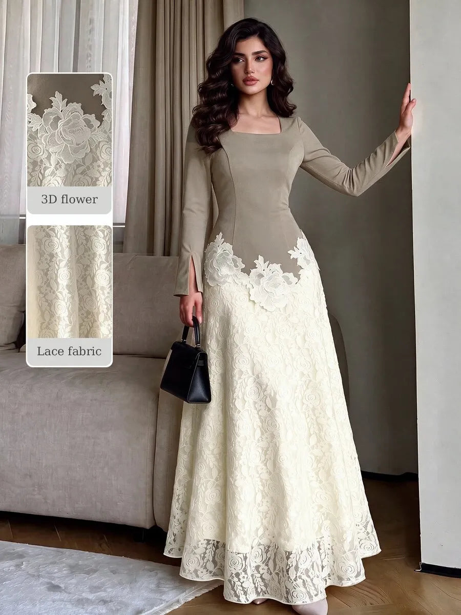 SHEIN NOVVYNE فستان طويل بياقة مربعة وأكمام طويلة وخصر مرتفع ودانتيل زهور بلون رمادي