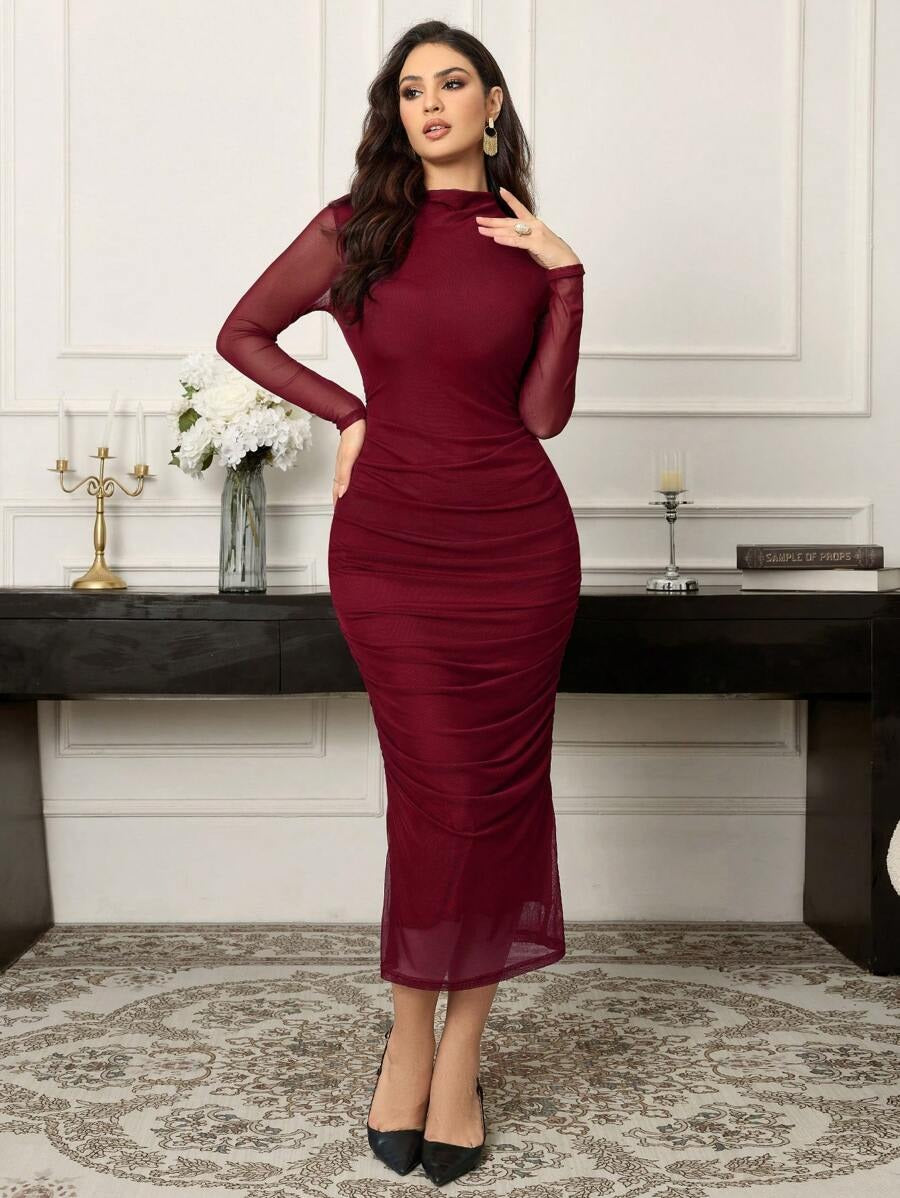 SHEIN Modelyn فستان عنابي انيق ماكسي بأكمام طويلة