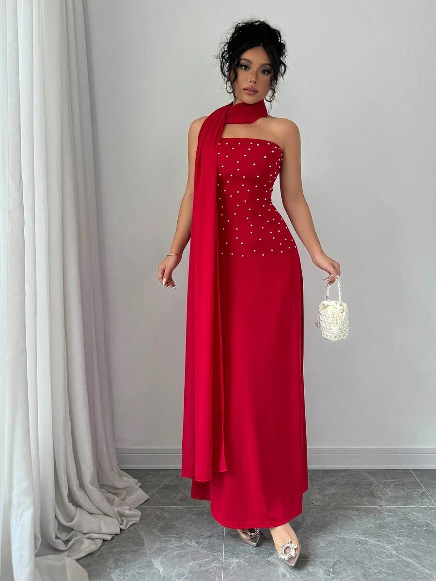 SHEIN Rafferiza فستان أحمر ماكسي طويل مزين بلؤلؤ