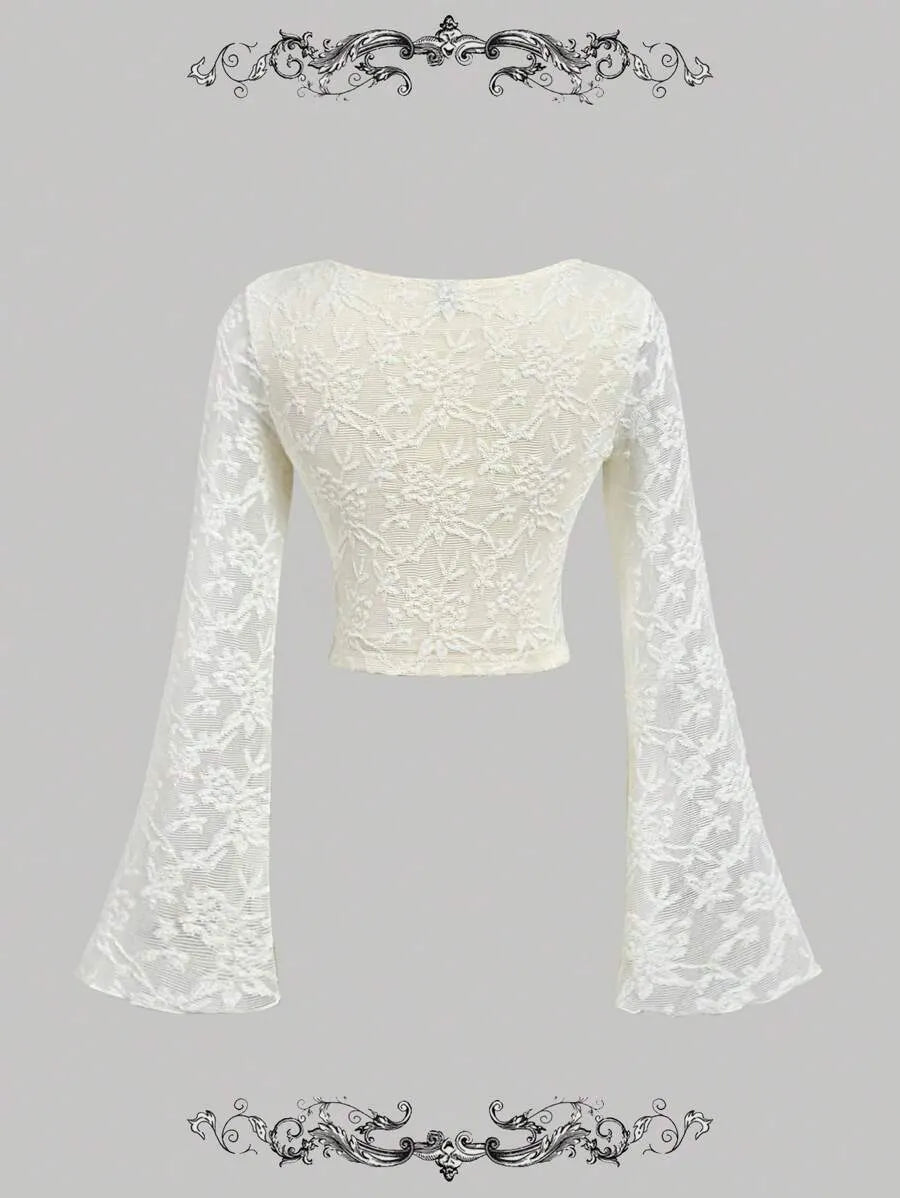 SHEIN MOD توب نسائي قصير بأكمام واسعة وياقة مربعة ودانتيل بلون مشمشي