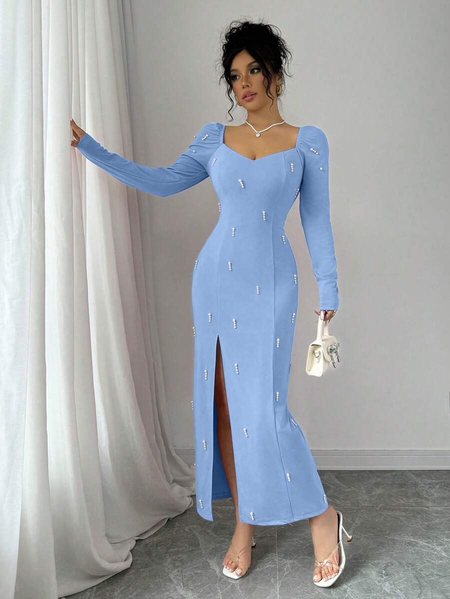 SHEIN فستان أزرق أنيق مزخرف بالخرز وقصة ضيقة