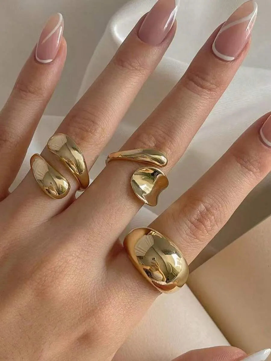 SHEIN مجموعة 3 خواتم نسائية مفتوحة بتصميم عصري وهيب هوب بلون ذهبي أصفر