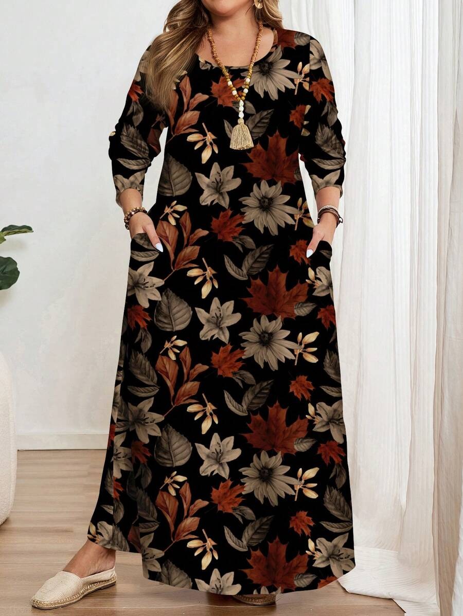 SHEIN فستان بطبعة أوراق خريف بأكمام طويلة وجيوب
