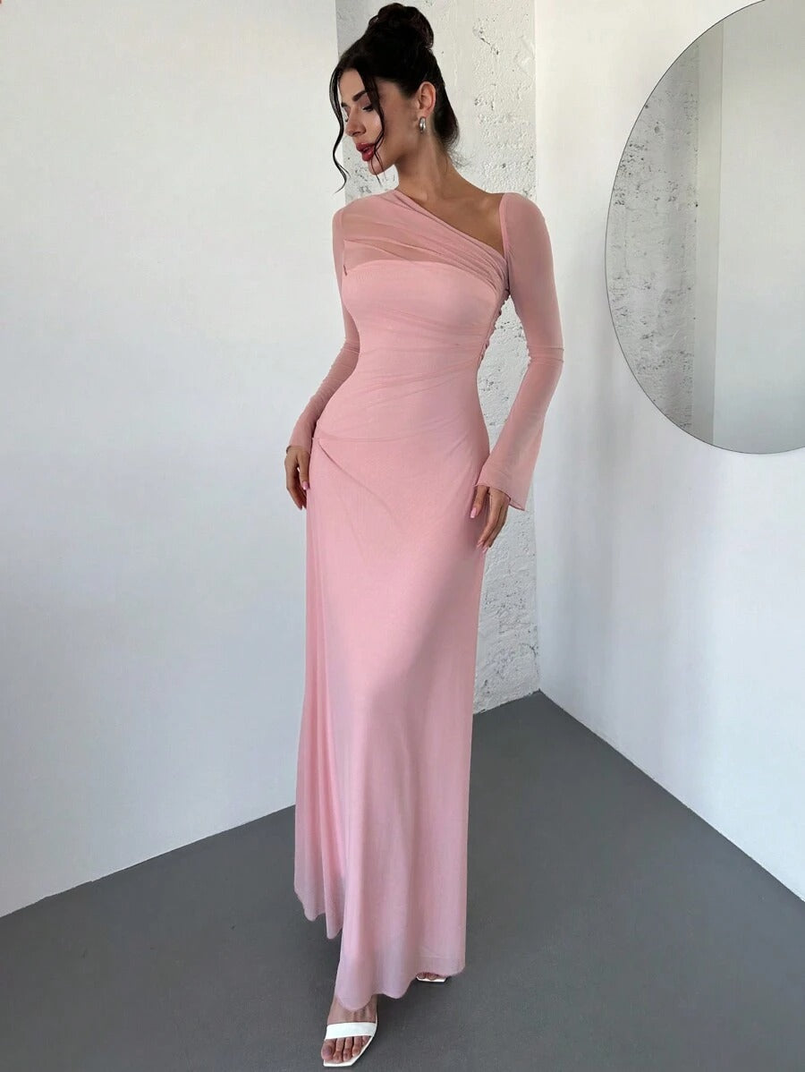 SHEIN Privé فستان وردي شبكي بكتف واحد وأكمام طويلة