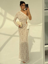 SHEIN Aloruh فستان ابيض طويل كتف واحد مزين برباط وفراشات