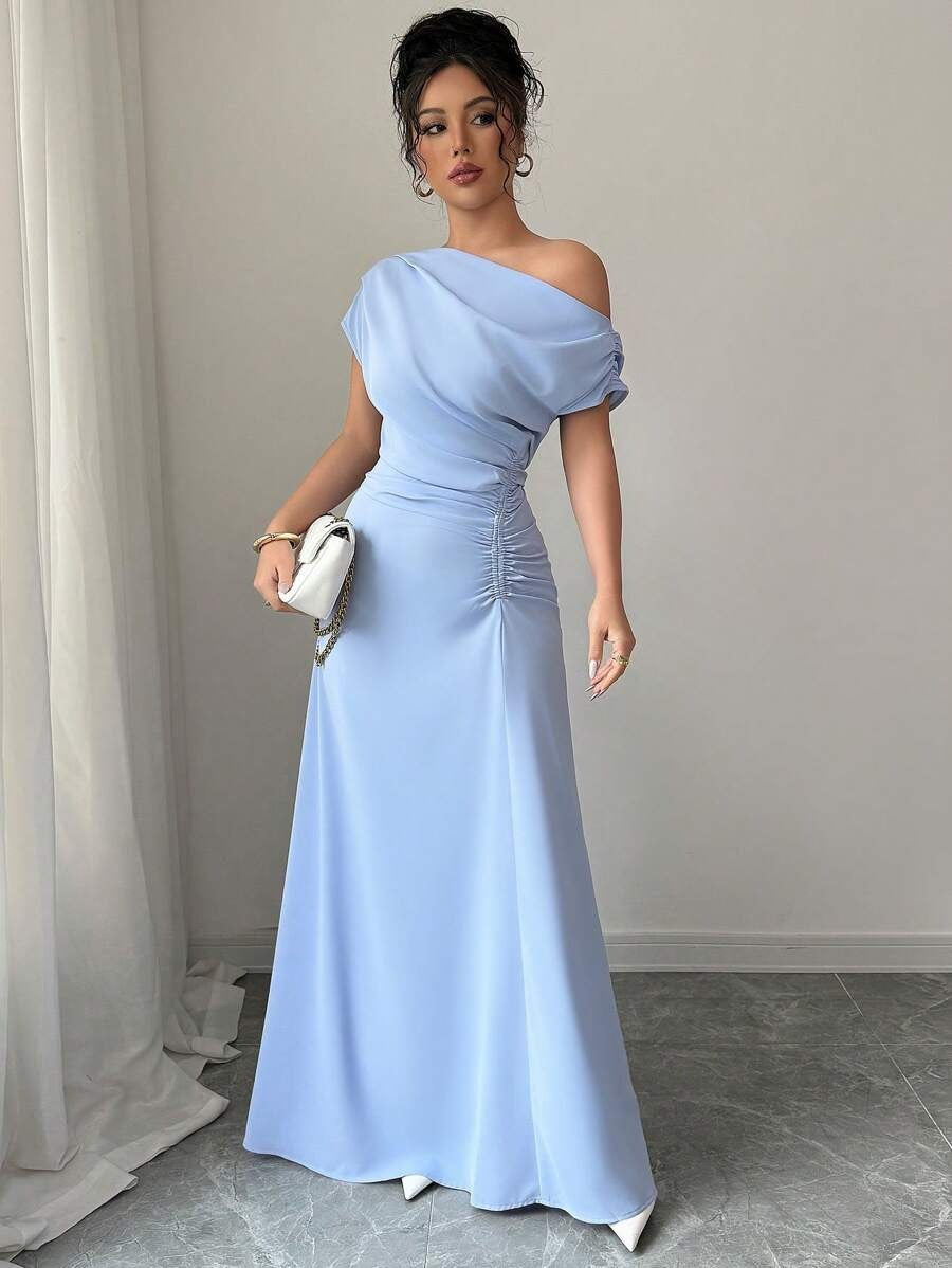 SHEIN Elenzga فستان أنيق بلون أزرق هادي بخصر مطوي