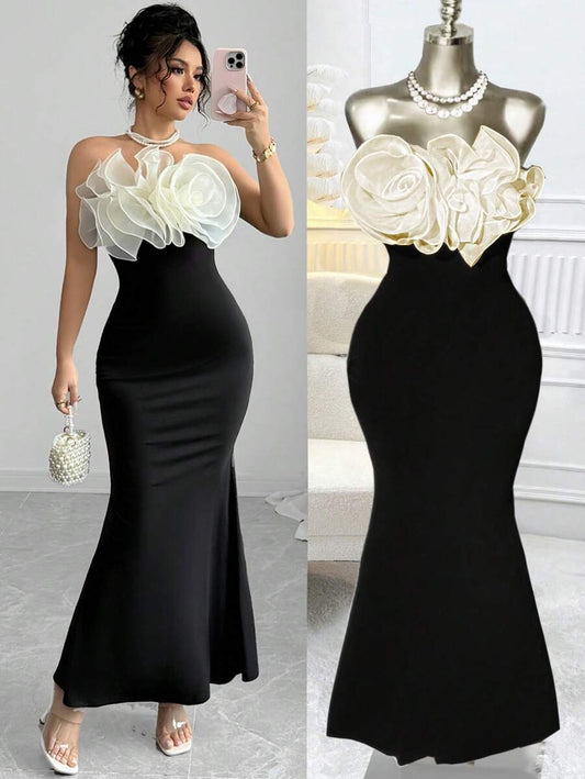 SHEIN Rafferiza فستان أسود طويل مزين بزهرات شيفون