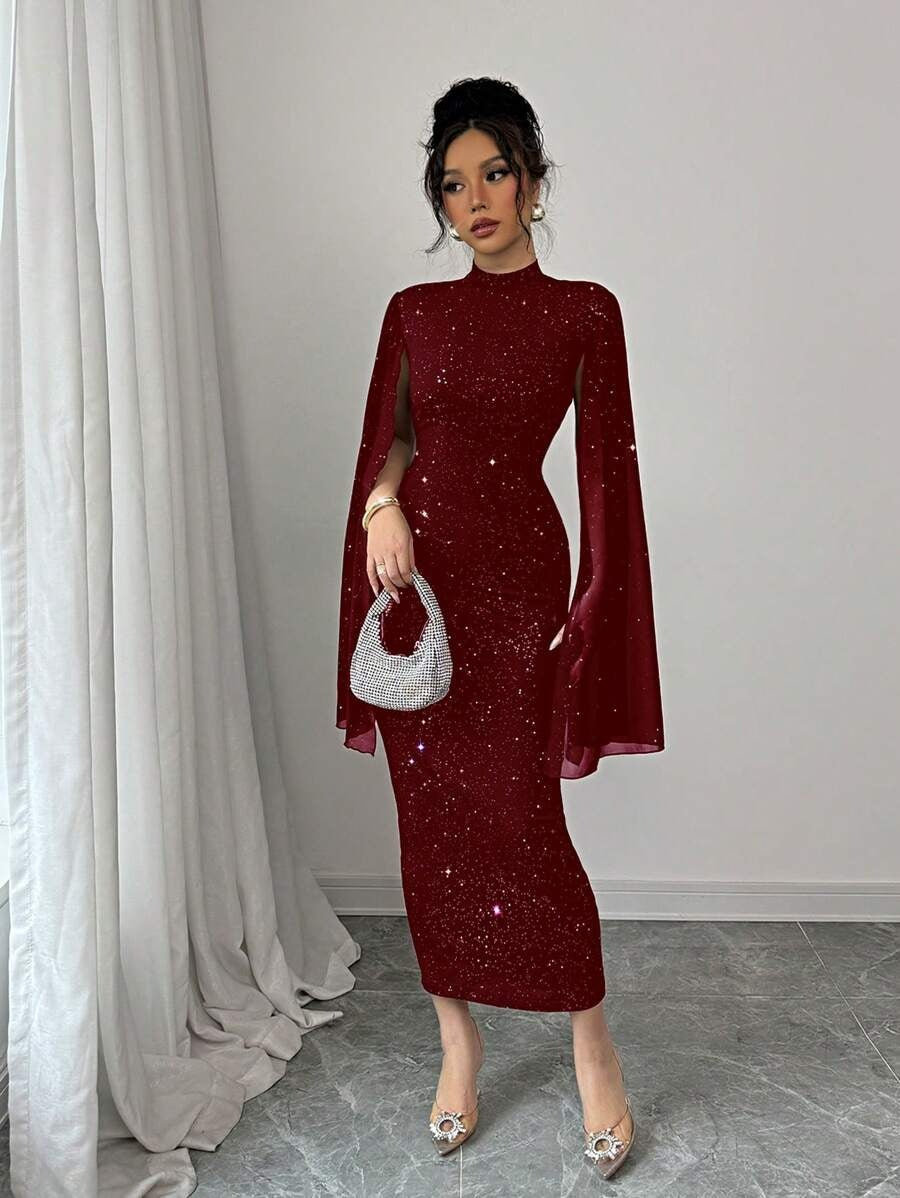 SHEIN Elenzga فستان أحمر ضيق مع شال منسدل من الكتف