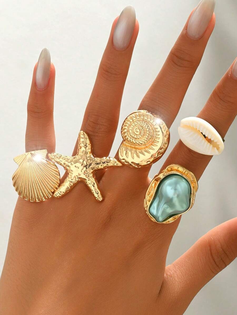 SHEIN طقم 5 خواتم – مرصعة بلآلئ صناعية وتصاميم بحرية