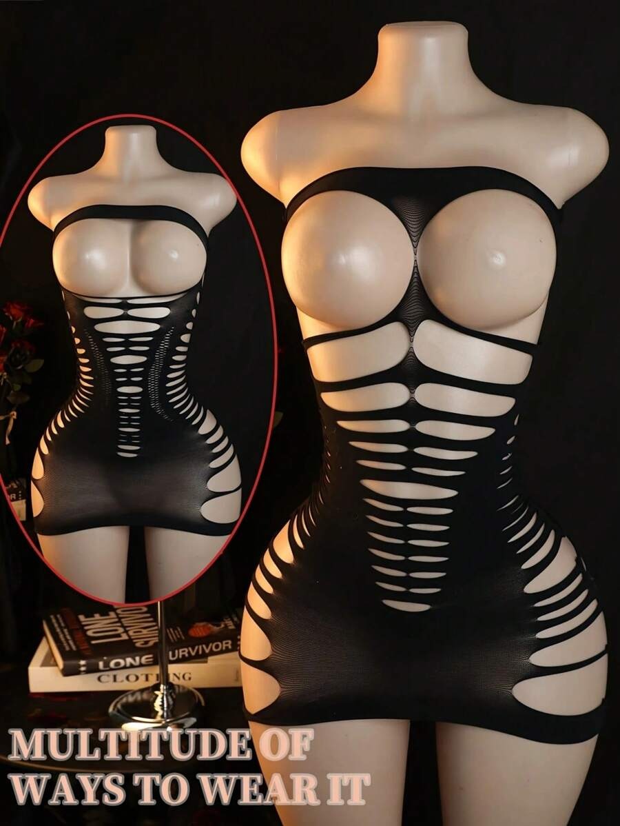 SHEIN بودي لانجري ستوكينغ شبكي أسود بدون حمالات