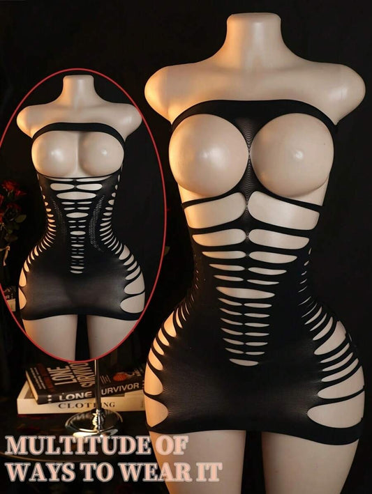 SHEIN بودي لانجري ستوكينغ شبكي أسود بدون حمالات