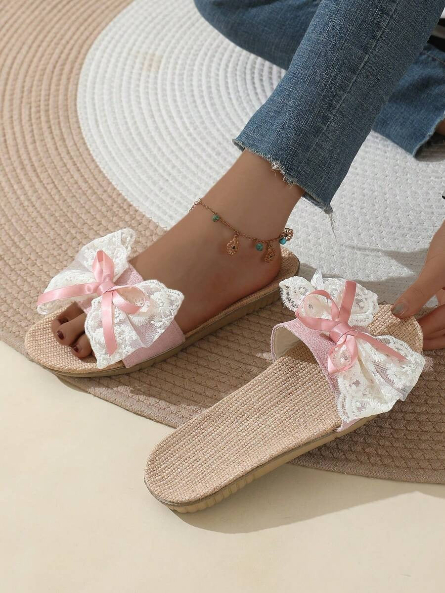 SHEIN شبشب كتان خفيف بلون وردي و عقدة فيونكة مزين بالدانتيل