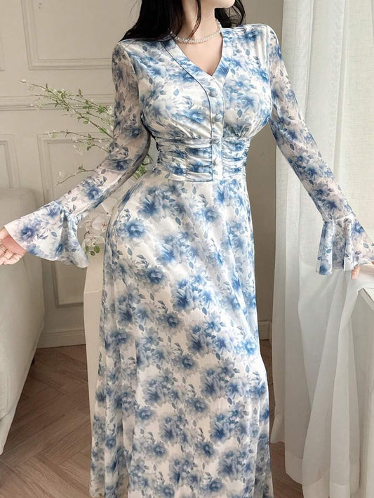 SHEIN qualityFeyla فستان طويل بنقشة زهرية وأكمام بفتحات