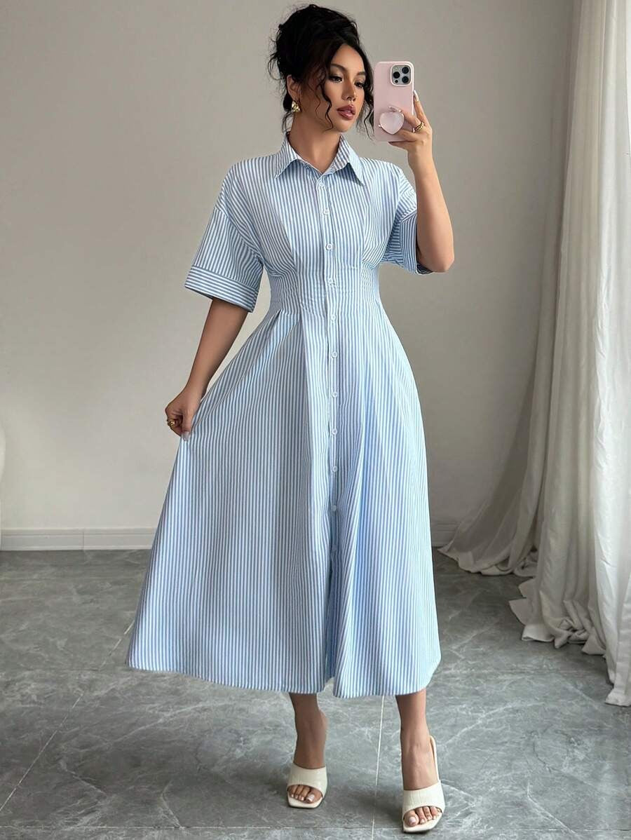 SHEIN فستان قميص أزرق بخطوط وياقة ورباط خصر