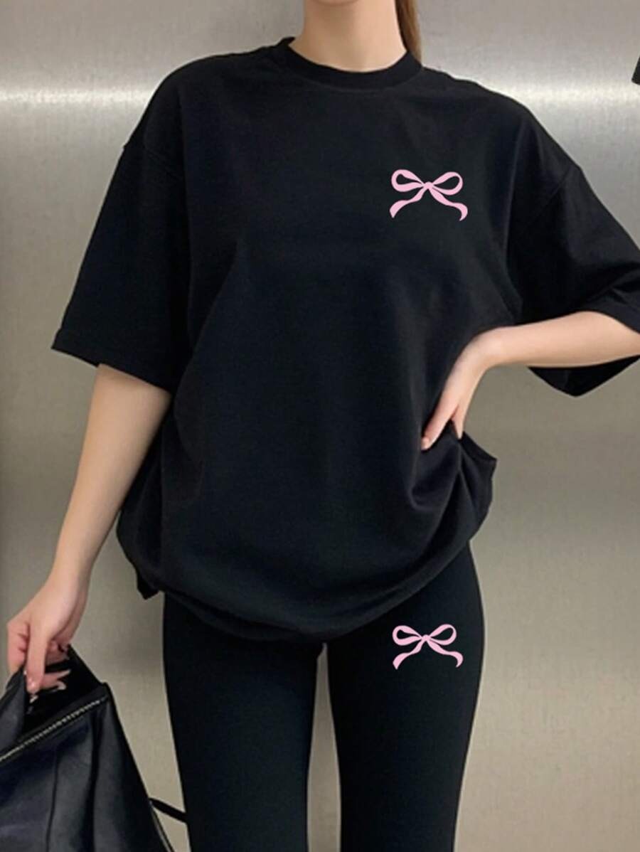 SHEIN EZwear طقم كاجوال تي شيرت قصير الأكمام و بنطلون طويل لون أسود