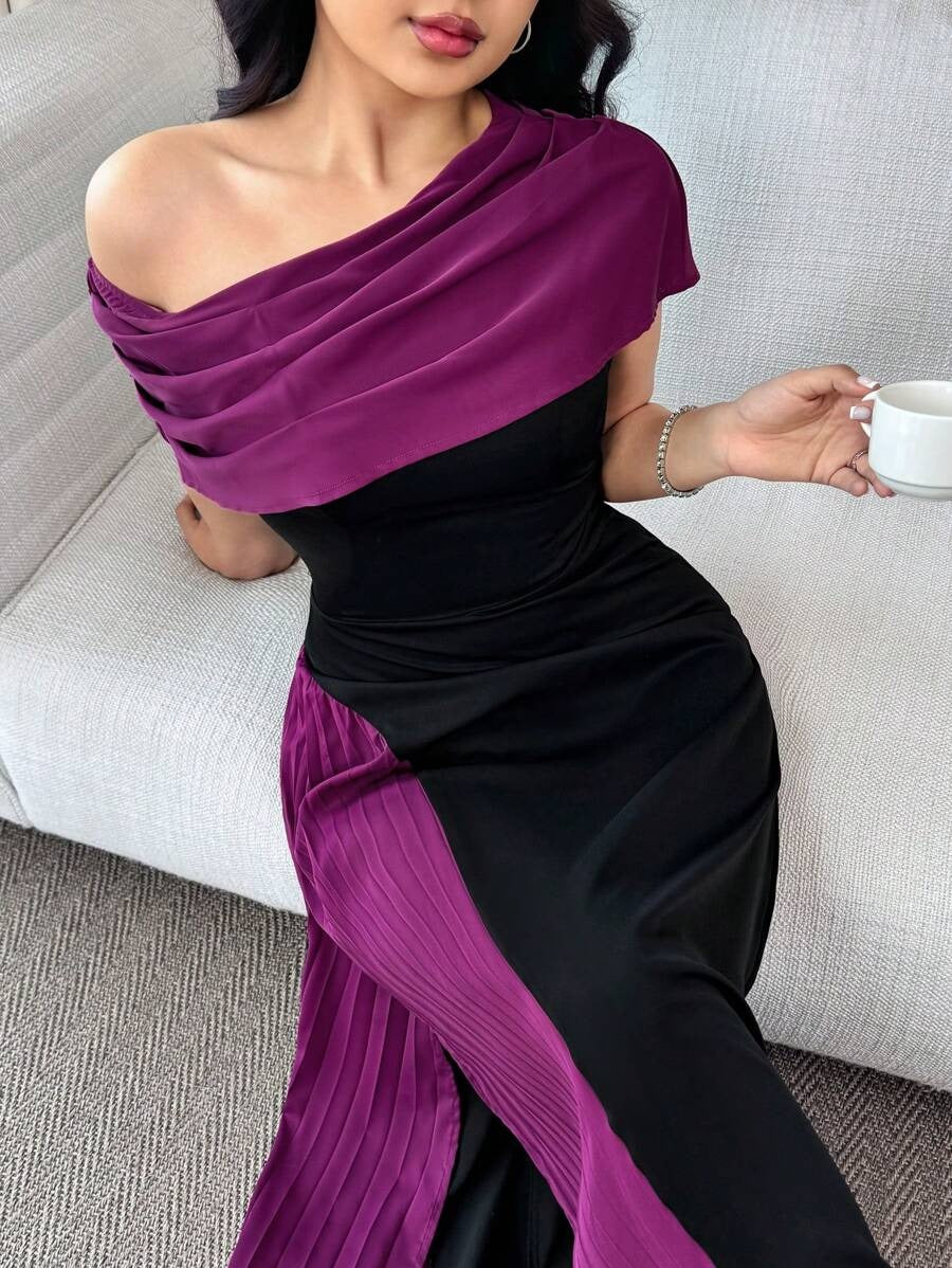 SHEIN Feyla فستان طويل أنيق مطوي بكتف غير متماثل