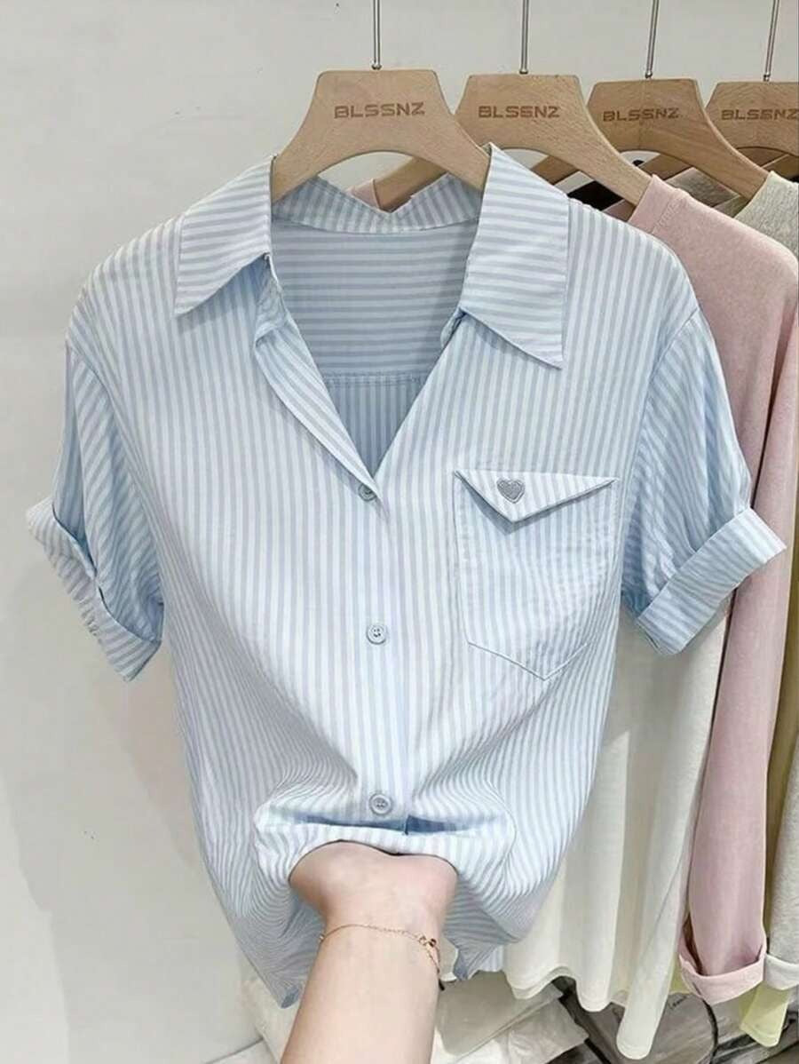 SHEIN بلوزة كاجوال صيفية مخططة بأكمام قصيرة