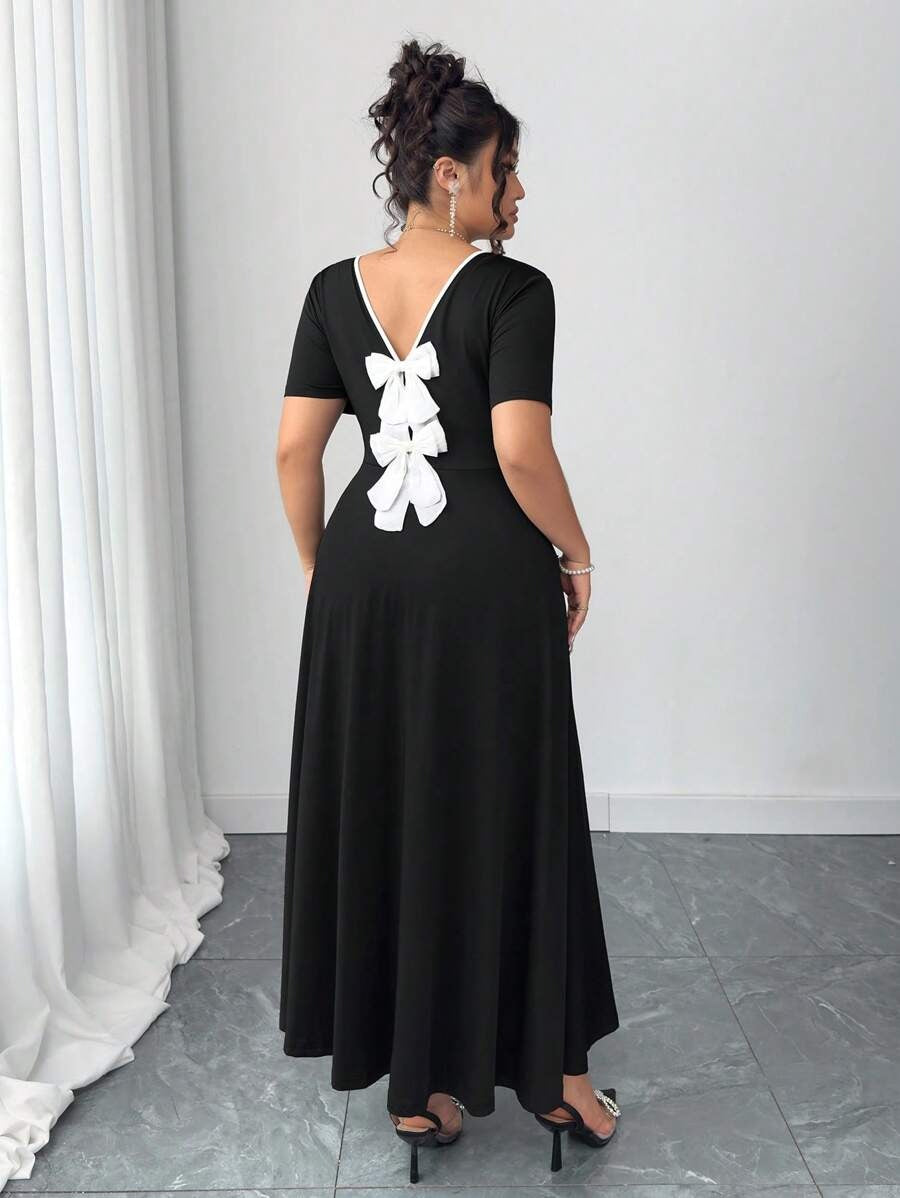 SHEIN Elenzga فستان أسود أنيق بقصة فرنسية ربطة فراشة