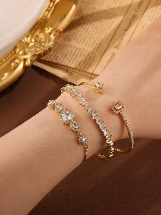 SHEIN راکول أساور مفتوحة مطلية بالذهب عيار 18 مع الزركونيا 3 قطع