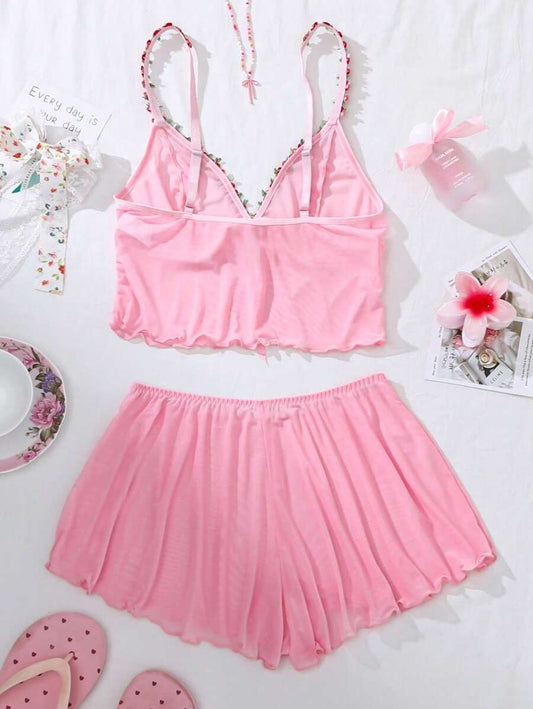 SHEIN PetitDoll طقم ملابس داخلية وردي قطعتين مطرز بزهور