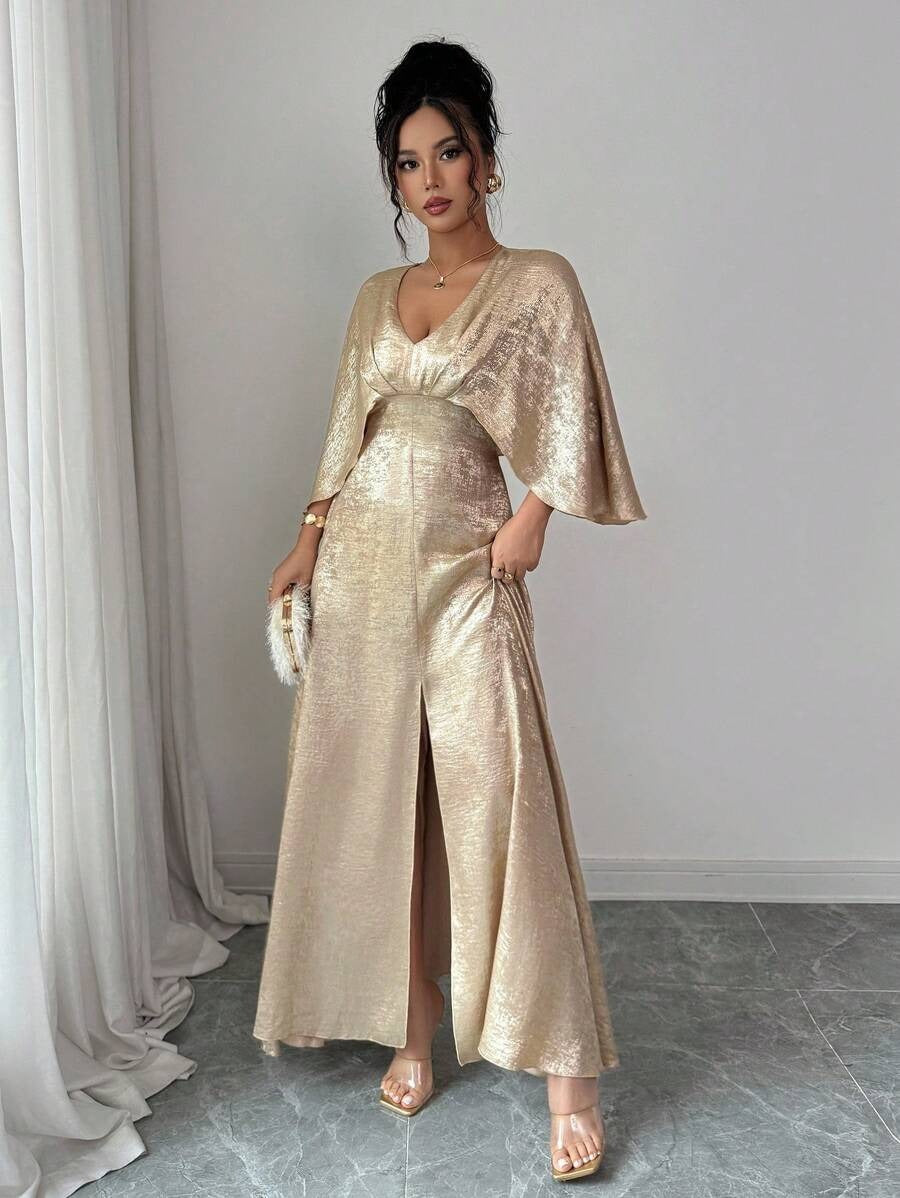 SHEIN فستان سهرة ذهبي بفتحة أمامية وظهر مكشوف