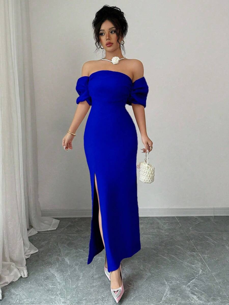 SHEIN Elenzga فستان سهرة  أنيق يكشف الكتف باللون الأزرق