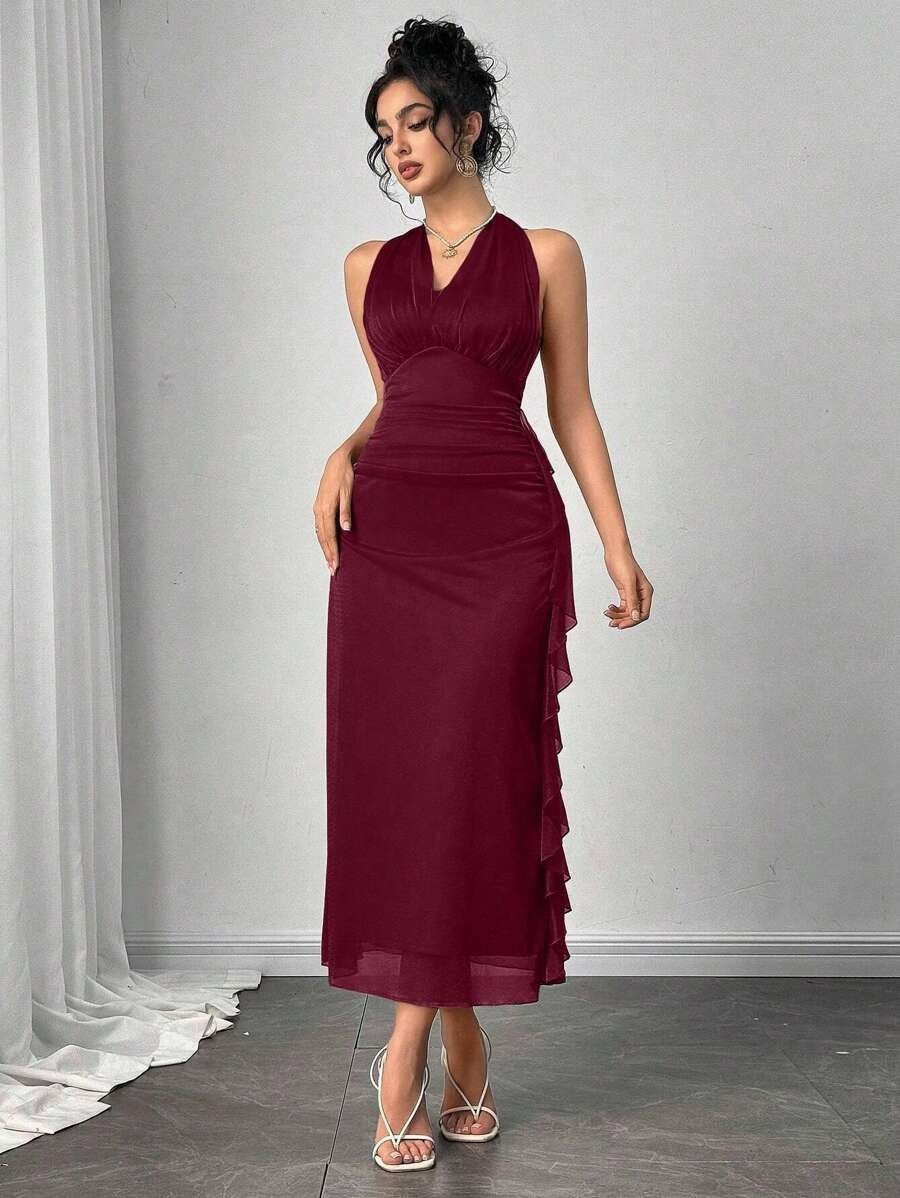SHEIN Modelyn  فستان عنابي بدون أكمام