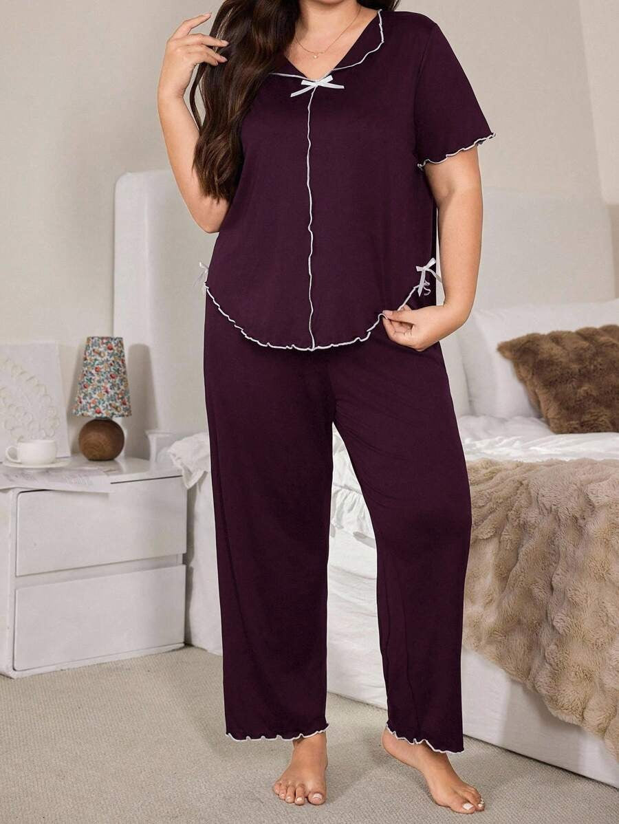 SHEIN Doze Lane طقم بيجامة ارجواني بياقة وفيونكة