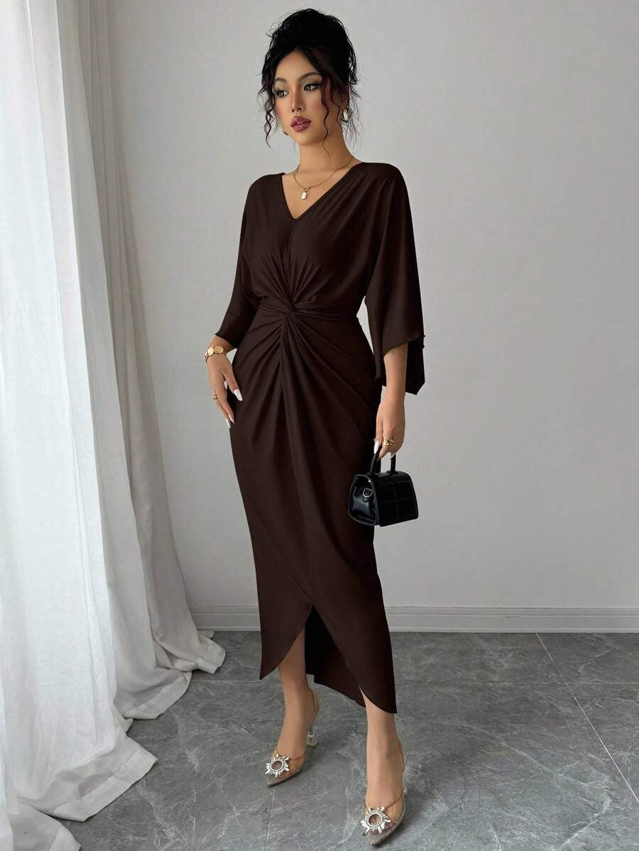 SHEIN Elenzga  فستان أنيق بني داكن