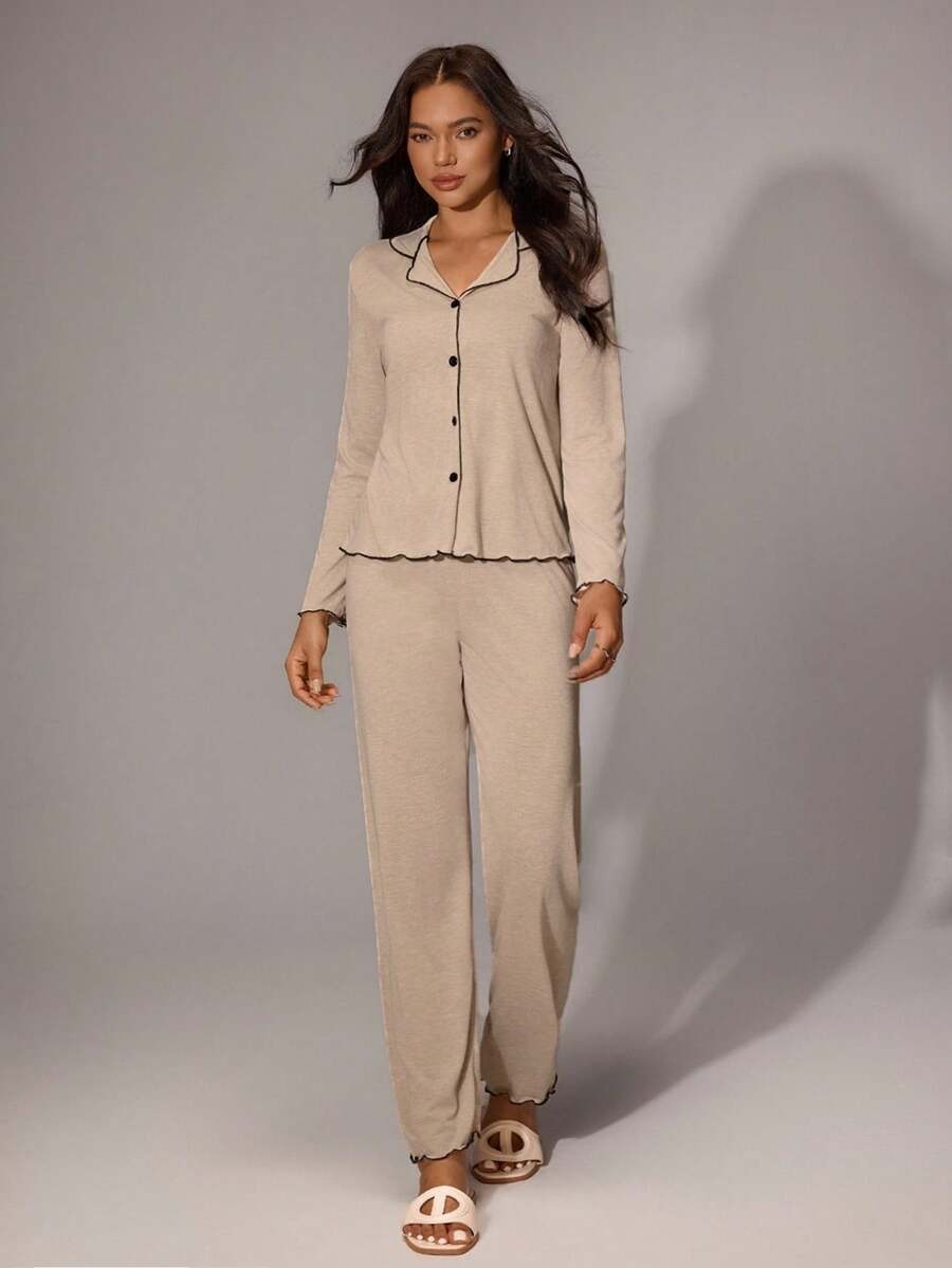 SHEIN Lazeform طقم بيجامة ناعم وخفيف من قطعتين بيج فاتح