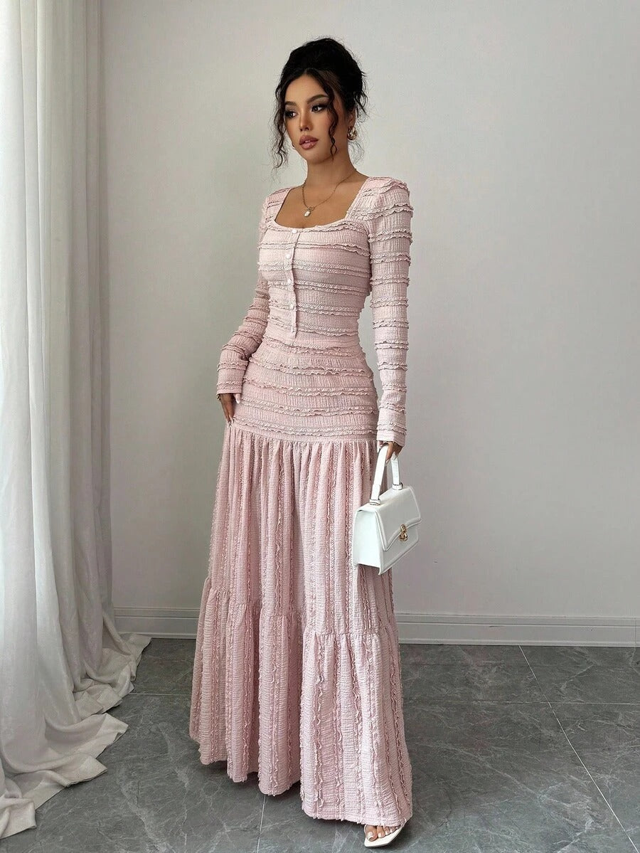 SHEIN Selianne طقم نسائي وردي من قطعتين بلوزة+تنورة طويلة