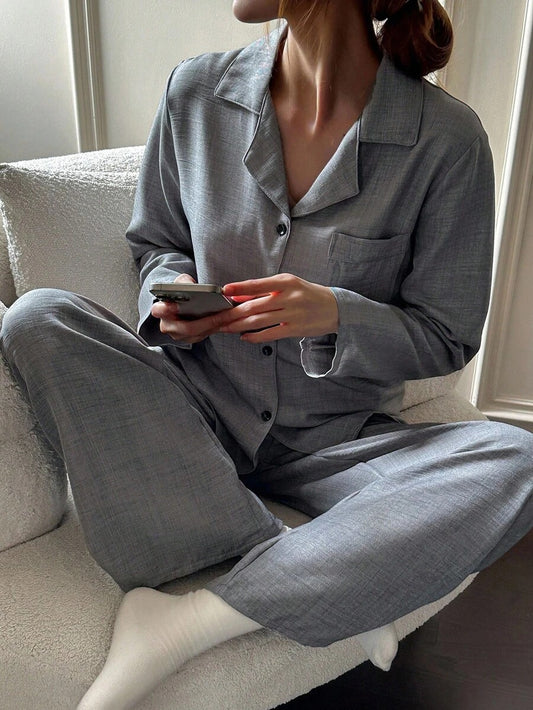 SHEIN بيجامة نسائية كاجوال بقماش متداخل وأكمام طويلة