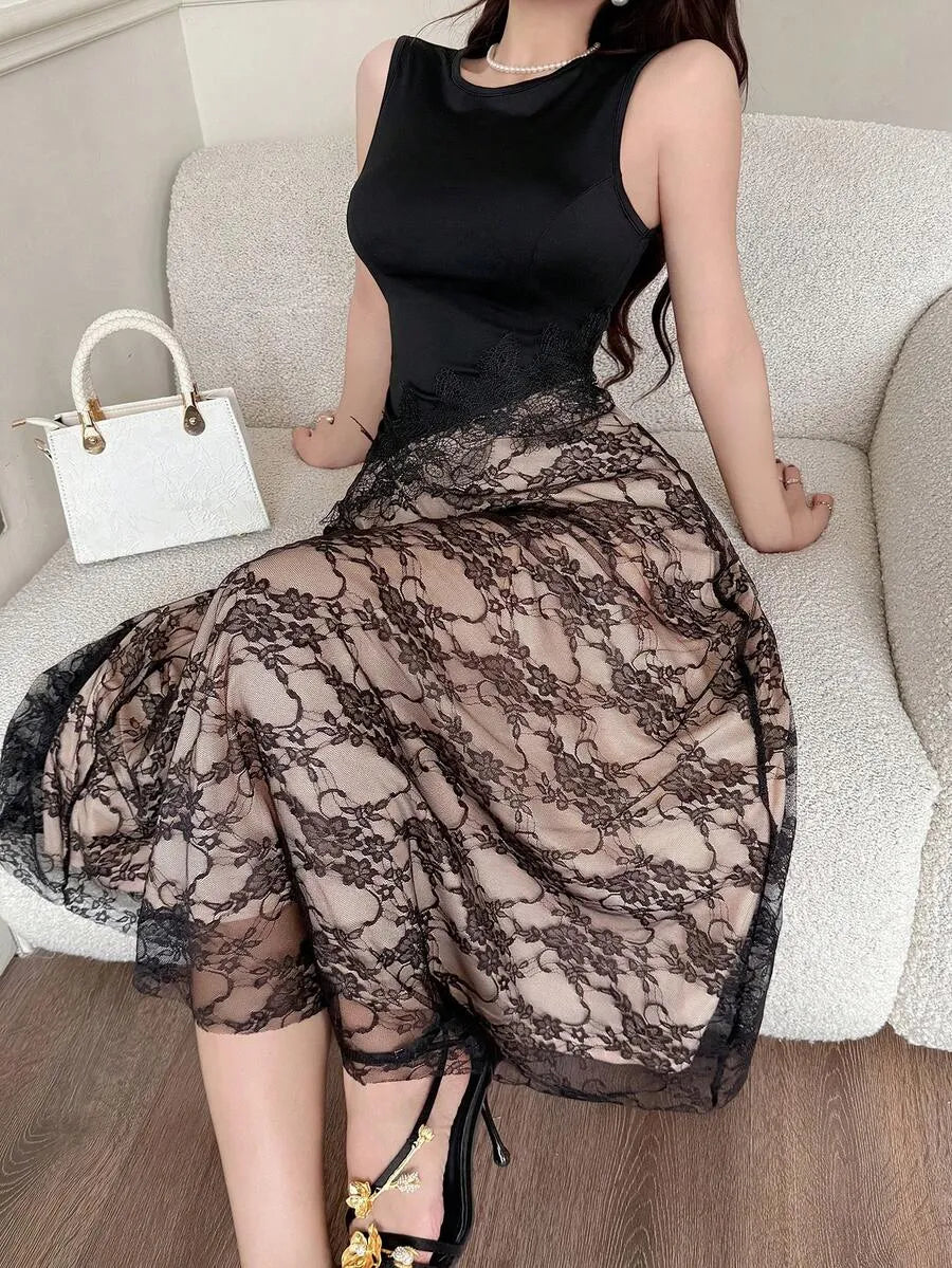 SHEIN Feyla فستان نسائي أنيق رومانسي من الدانتيل والرقعة