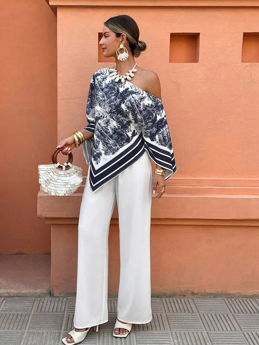 SHEIN Flora Isola طقم نسائي راقي ببلوزة مطبوعة بحافة غير متماثلة وبنطال أبيض